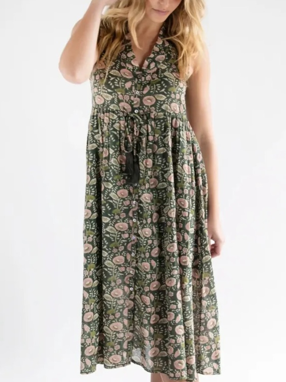 NATURAL LIFE Cottage Core 100% Cotton Floral Lined Button-Front Midi Dress